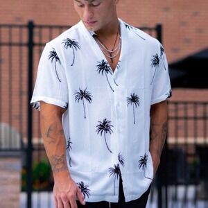 YoungLA Cabo Vibez White Shirt Palm Shadows Print Resort Vacation Menswear‎ M